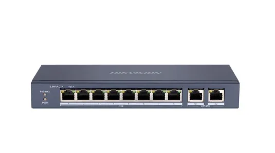 [DS-3E0310P-E/M] Switch PoE no administrado 8×10/100 Mbps + 2×Gigabit, hasta 60W PoE total, protección 6kV y soporte de largo alcance.
